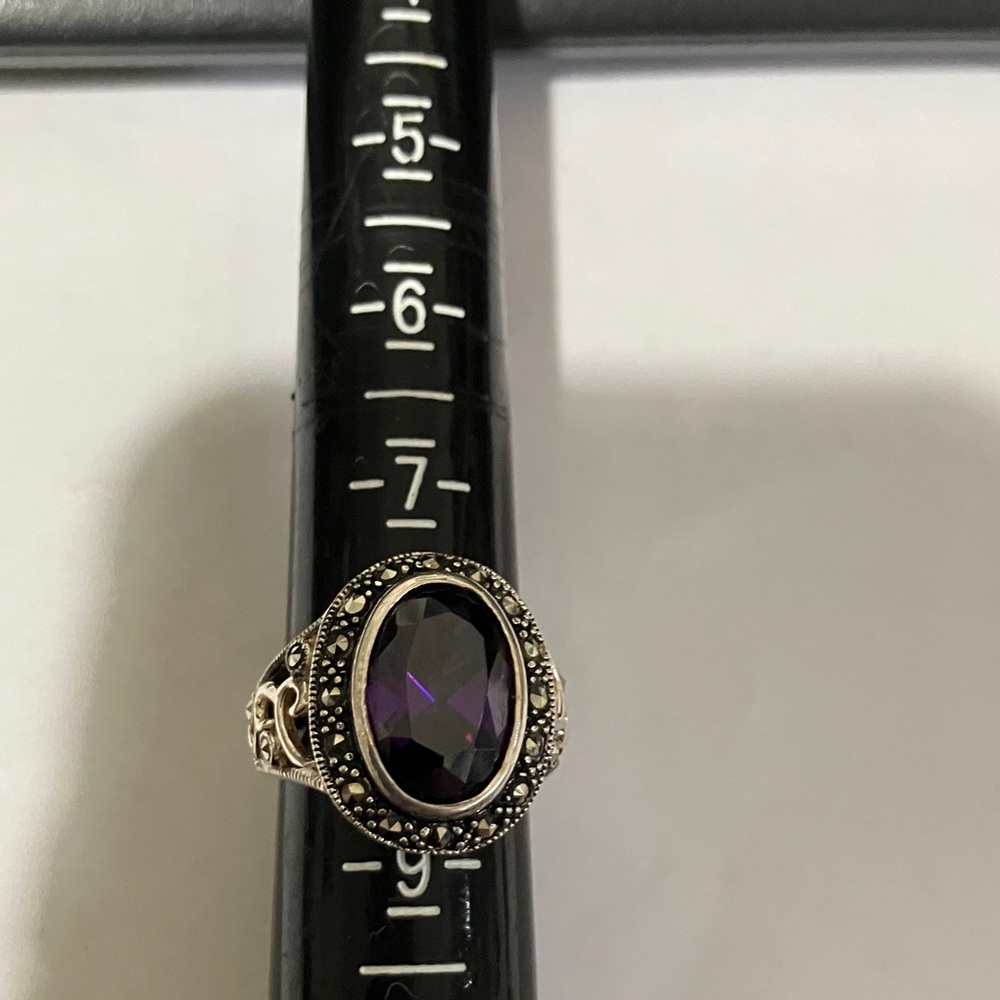 Vintage-Inspired Silver Ring with Amethyst and Marcasite Stones